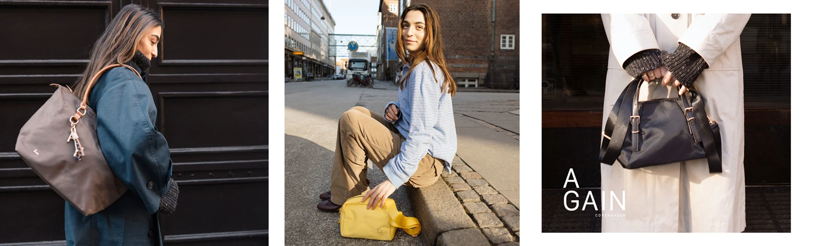 Kvinde med Again tasker. Lær Again at kende på deres brandunivers på neye.dk